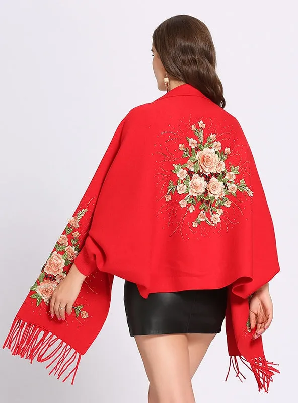 Embroidered Bat Sleeve Tassel Knitted Shawl Cloak Coat