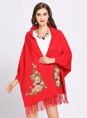 Embroidered Bat Sleeve Tassel Knitted Shawl Cloak Coat