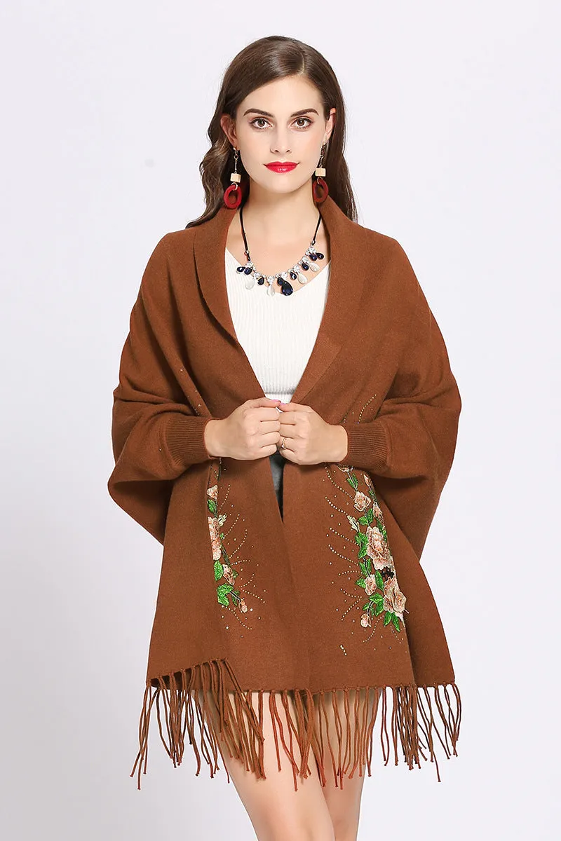 Embroidered Bat Sleeve Tassel Knitted Shawl Cloak Coat