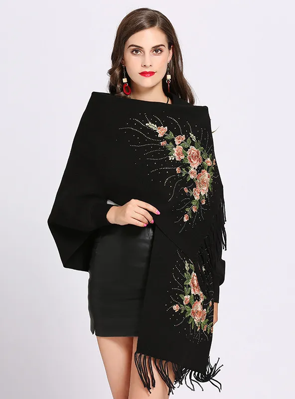 Embroidered Bat Sleeve Tassel Knitted Shawl Cloak Coat