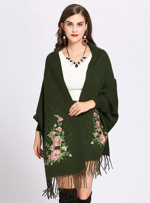 Embroidered Bat Sleeve Tassel Knitted Shawl Cloak Coat