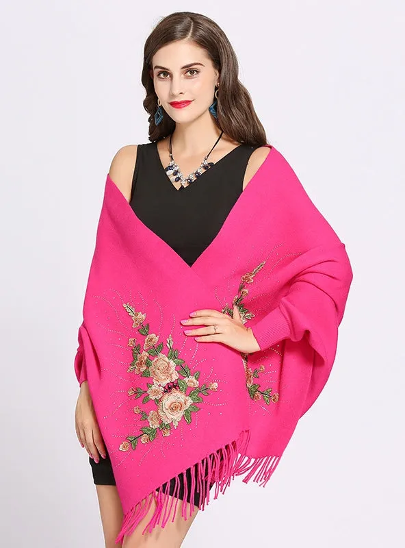 Embroidered Bat Sleeve Tassel Knitted Shawl Cloak Coat