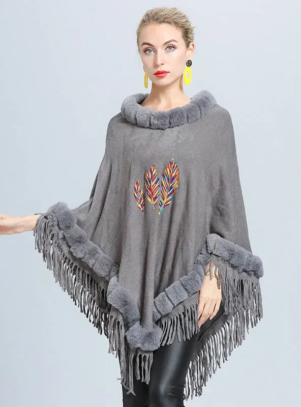 Embroidered Fur Collar Tassel Cloak Shawl