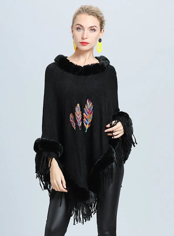 Embroidered Fur Collar Tassel Cloak Shawl