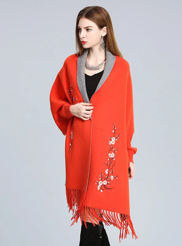 Embroidered Knitted Shawl Cloak Bat Sleeve