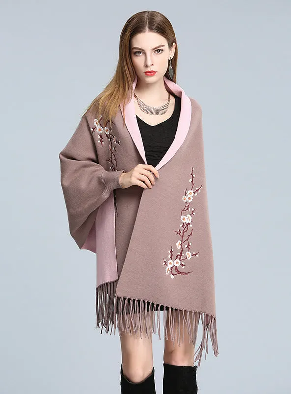 Embroidered Knitted Shawl Cloak Bat Sleeve