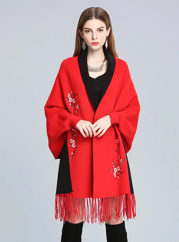 Embroidered Knitted Shawl Cloak Bat Sleeve