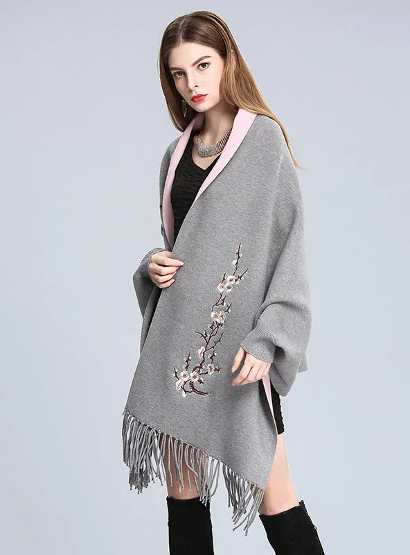 Embroidered Knitted Shawl Cloak Bat Sleeve