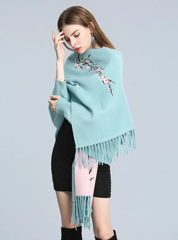 Embroidered Knitted Shawl Cloak Bat Sleeve