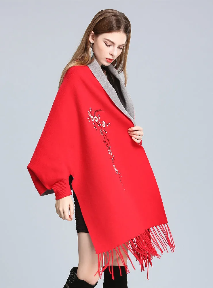 Embroidered Knitted Shawl Cloak Bat Sleeve