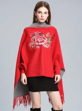 Embroidered Tassel Knitted Shawl Cloak Bat Sleeve