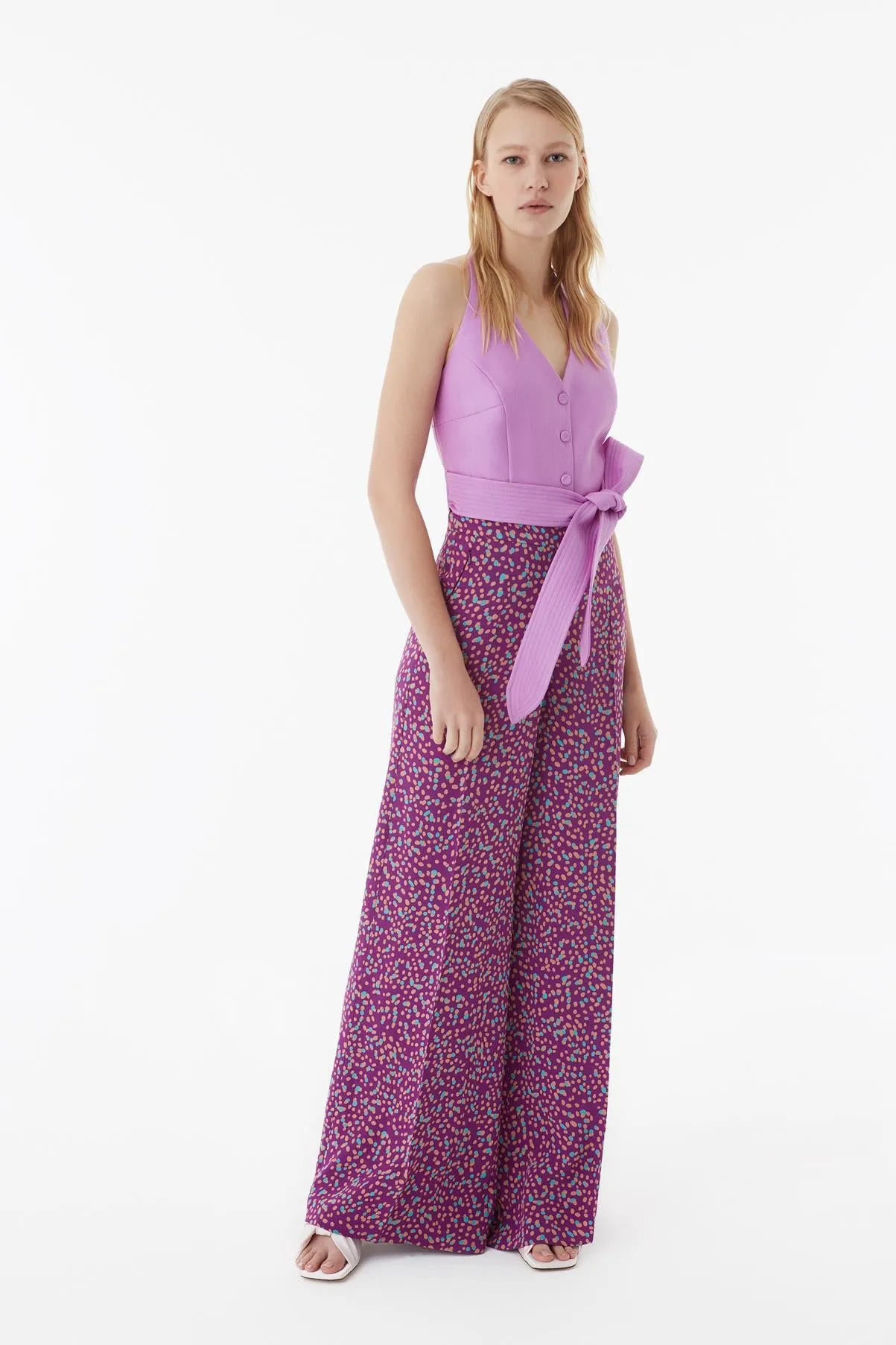 Exquise Wide-Cut Patterned Crepe Pants Purple