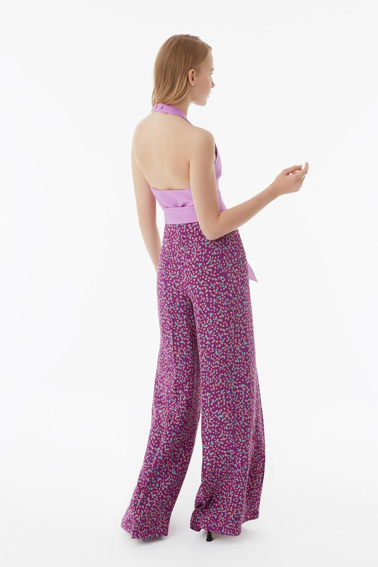 Exquise Wide-Cut Patterned Crepe Pants Purple