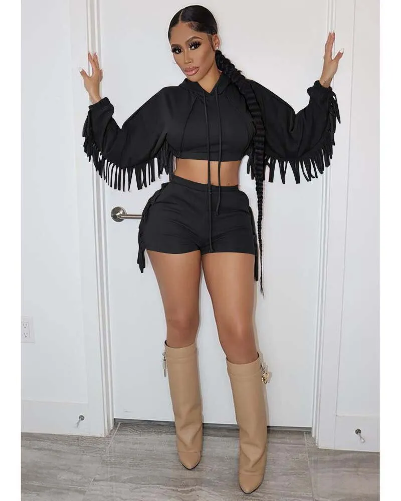 Fashion fringed hooded shorts set（AY1665）