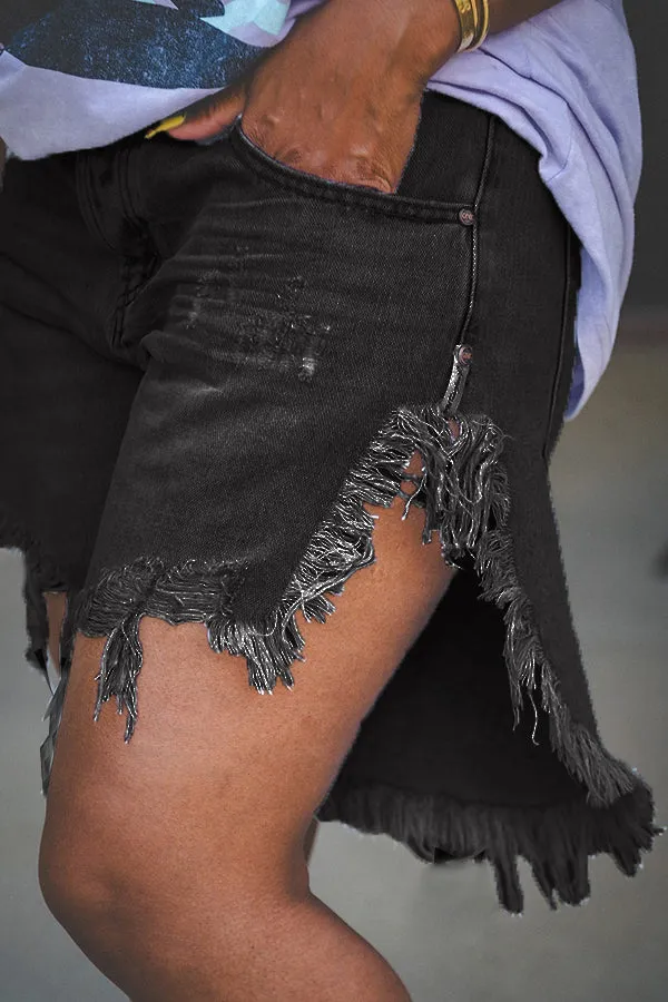 Fashion Irregular Fringed Hem Denim Shorts