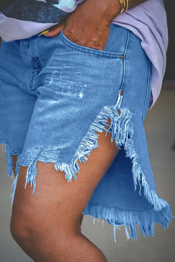 Fashion Irregular Fringed Hem Denim Shorts