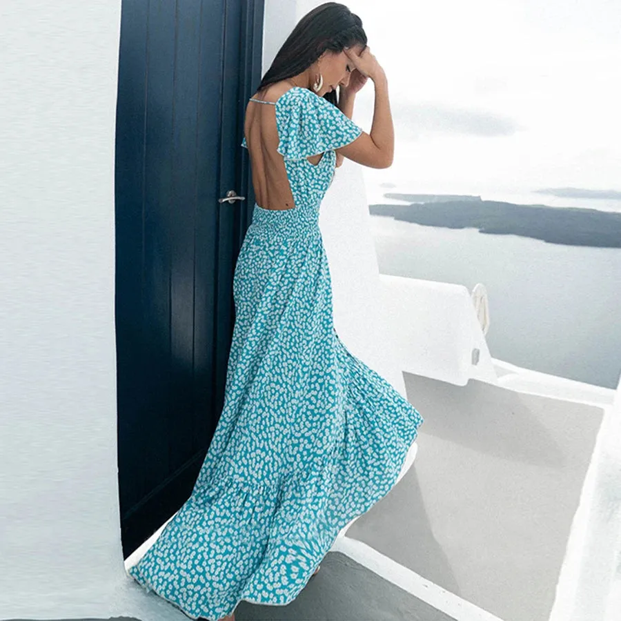 FashionSierra-Sexy  Backless  Maxi  Summer  2024  Cotton  Blue Floral Print  Beach  V Neck  Vestidos  Casual  Women  Robe Boho Dress