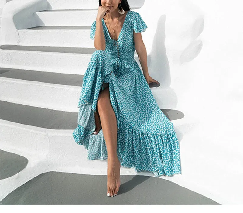 FashionSierra-Sexy  Backless  Maxi  Summer  2024  Cotton  Blue Floral Print  Beach  V Neck  Vestidos  Casual  Women  Robe Boho Dress