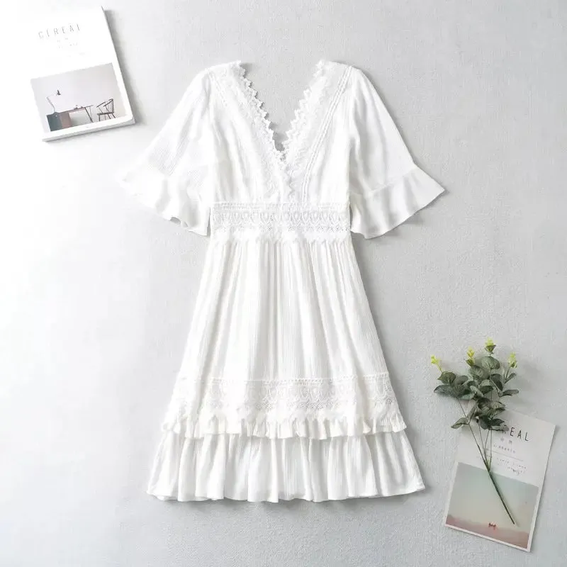 FashionSierra-White Lace  Mini  For Women  Robe  Sexy  Deep V  Short  Ruffles Sleeve  Summer  Party  Casual  Beach  Vestidos Boho Dress