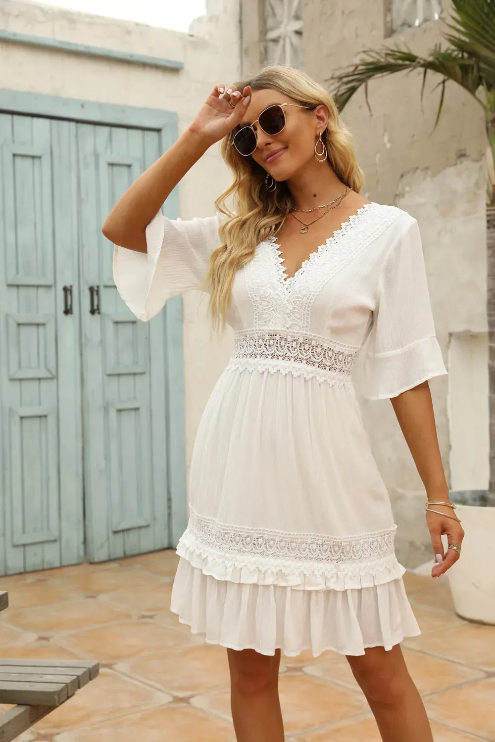 FashionSierra-White Lace  Mini  For Women  Robe  Sexy  Deep V  Short  Ruffles Sleeve  Summer  Party  Casual  Beach  Vestidos Boho Dress