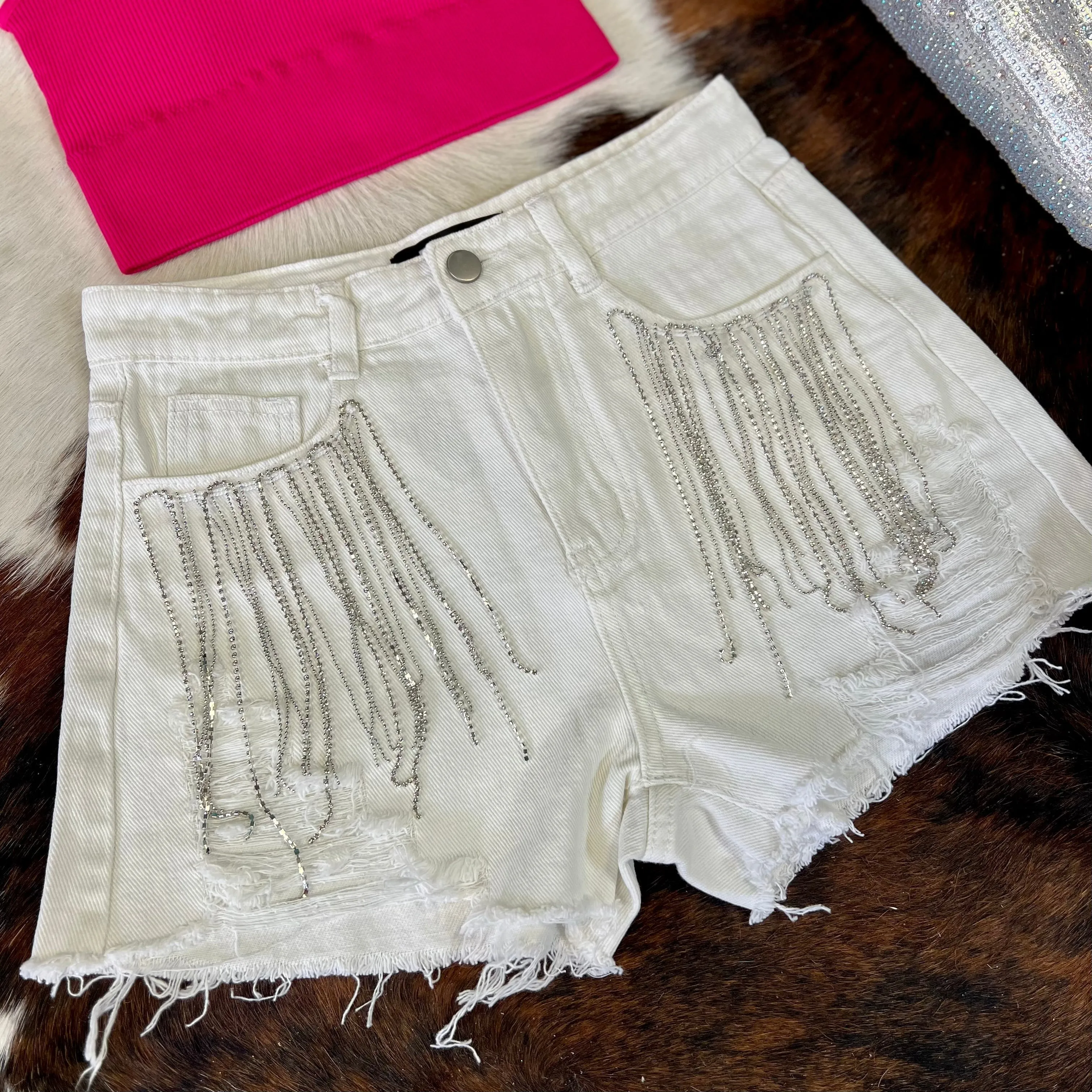 Finalist Round Rhinestone Shorts White*