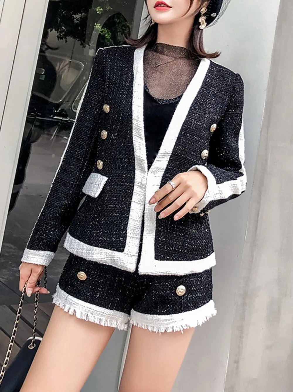 Fringed Tweed Collarless Jacket & Shorts (2-Piece Set)