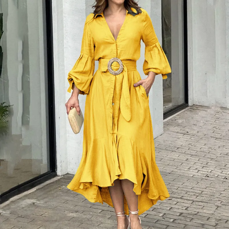 Green Casual Full Sleeve V Neck Lapel Long Dress