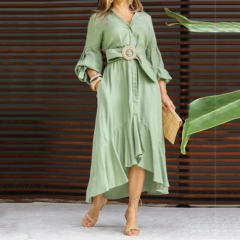 Green Casual Full Sleeve V Neck Lapel Long Dress