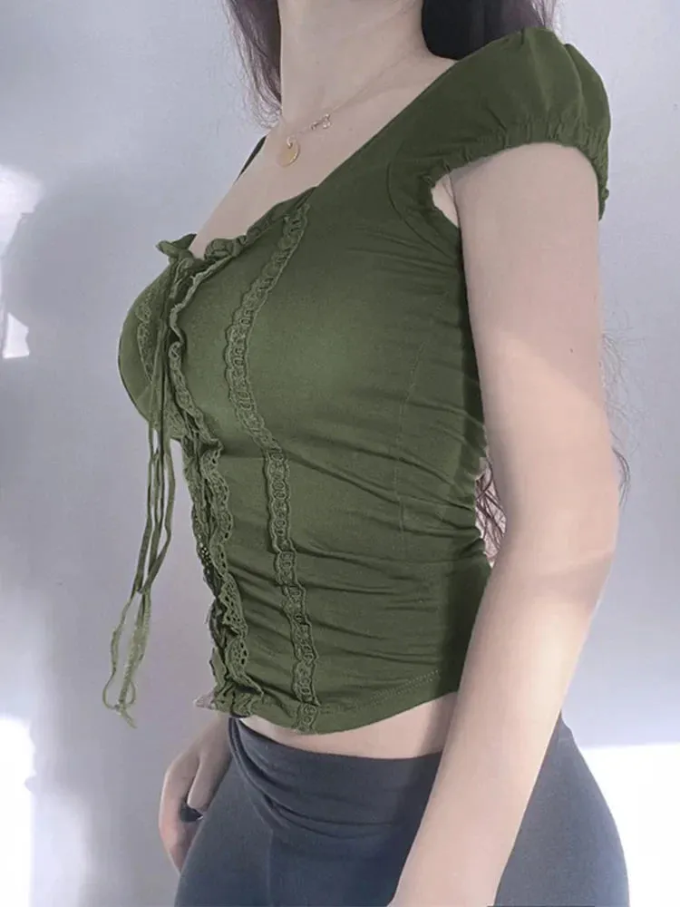 Green Crop Top with Lace Trim and Square Collar