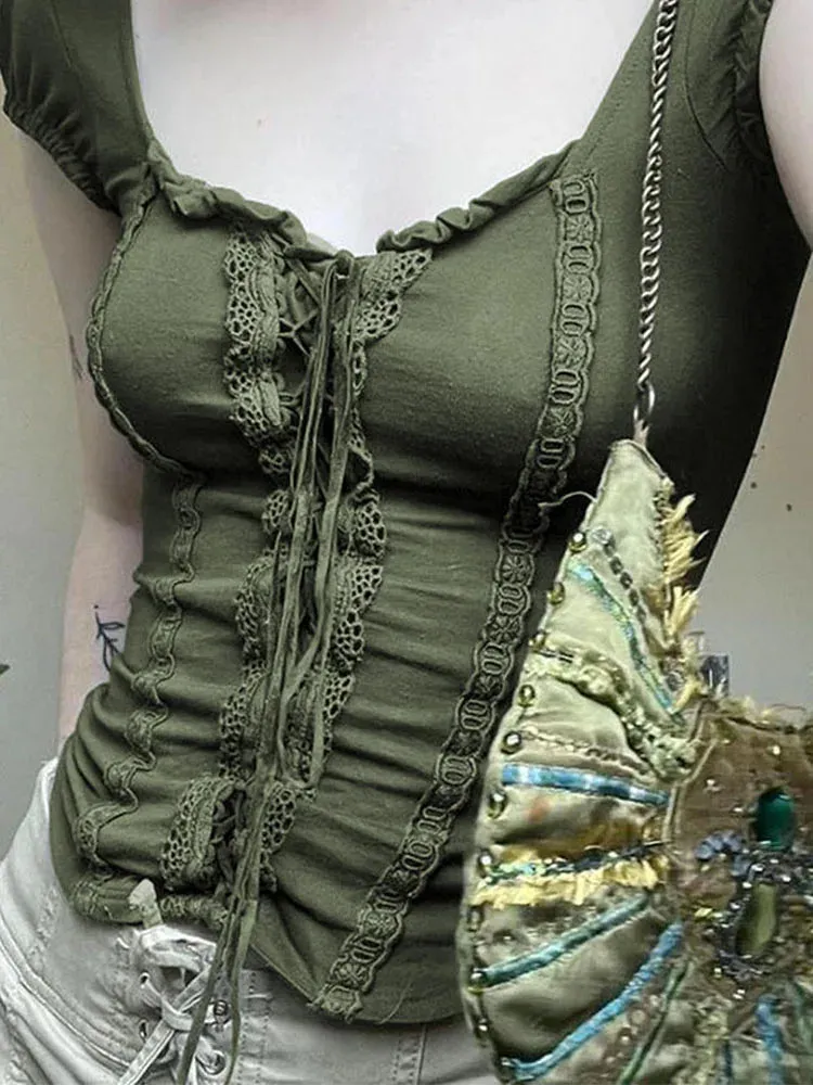 Green Crop Top with Lace Trim and Square Collar