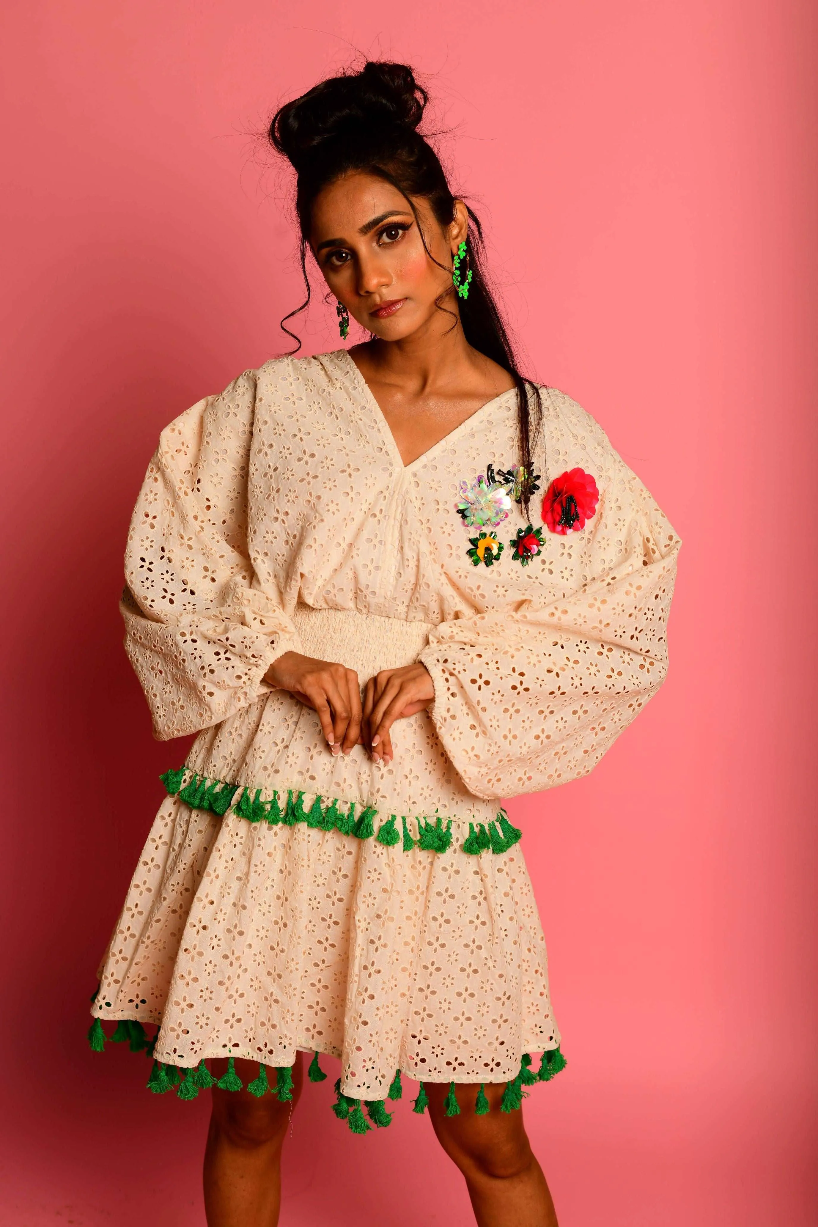 Hand Embroidered Cream Boho Dress