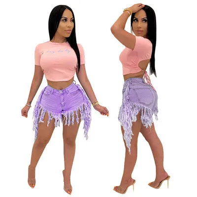 High elastic fringed denim shorts AY1134