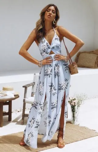 Hollow Out Blue Floral Maxi Dress