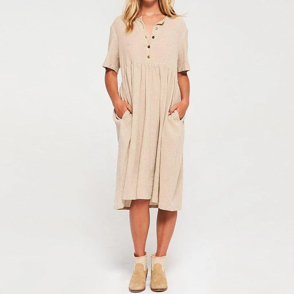 JuliaFashion - 2024 Short Sleeve Solid Midi Summer Dress