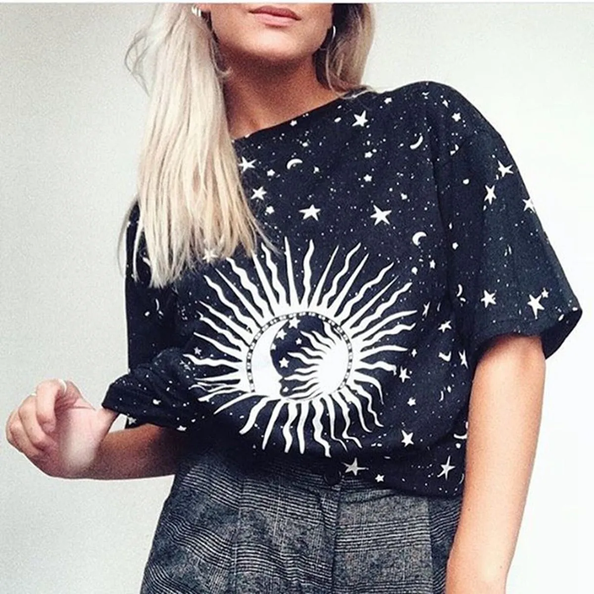 JuliaFashion - 2024 Sun Moon Hippie Stars Long Tee Dress