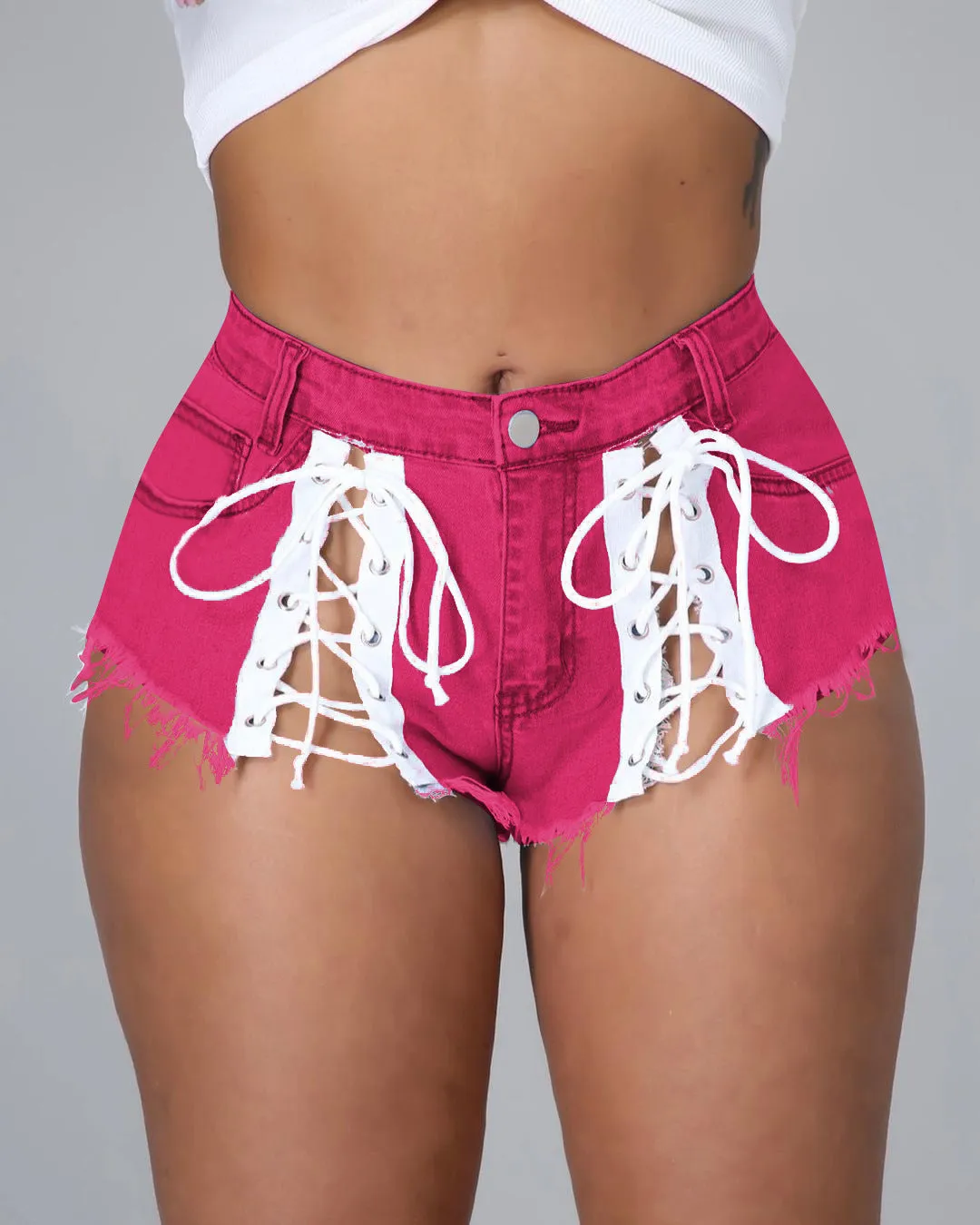 Lace up fringed denim shorts（AY2263）