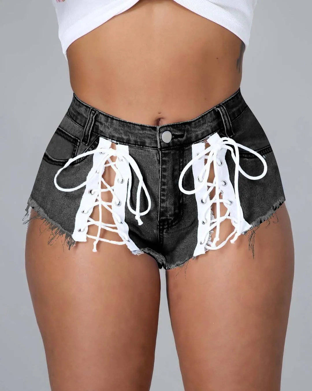 Lace up fringed denim shorts（AY2263）