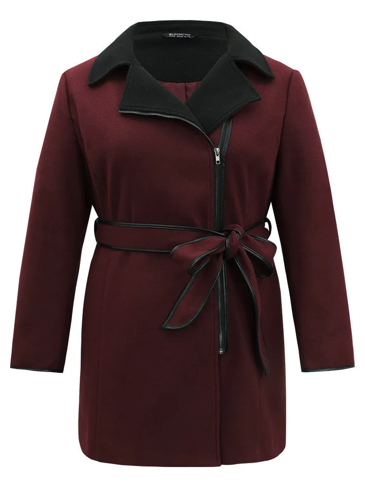 Lapel Collar Contrast Patchwork Zipper Belted Coat