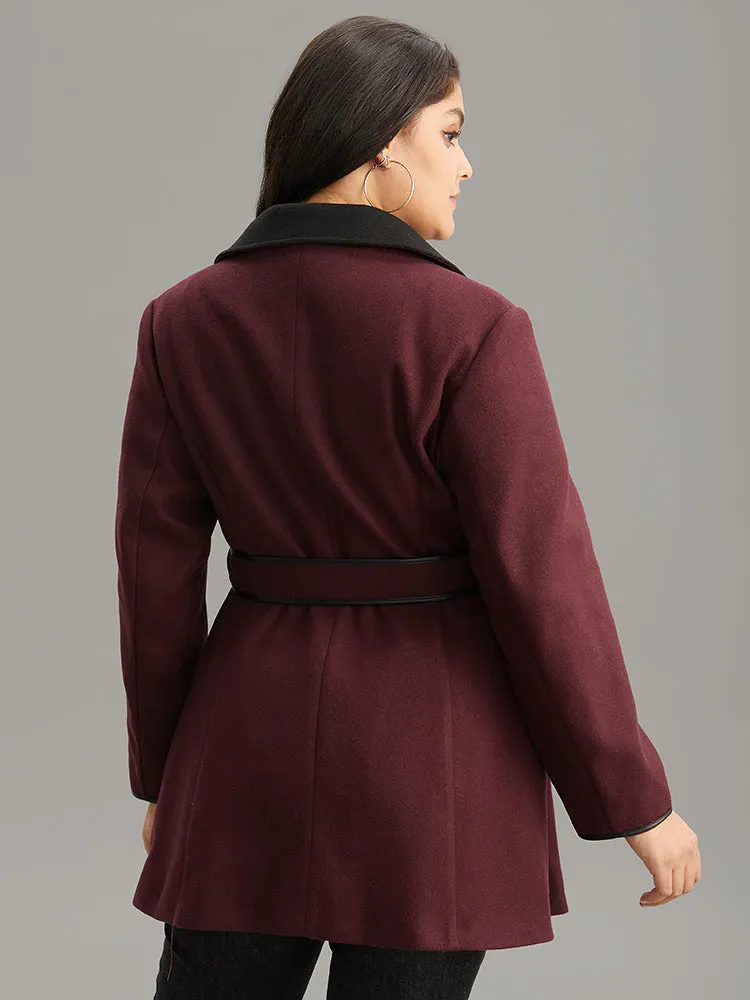 Lapel Collar Contrast Patchwork Zipper Belted Coat