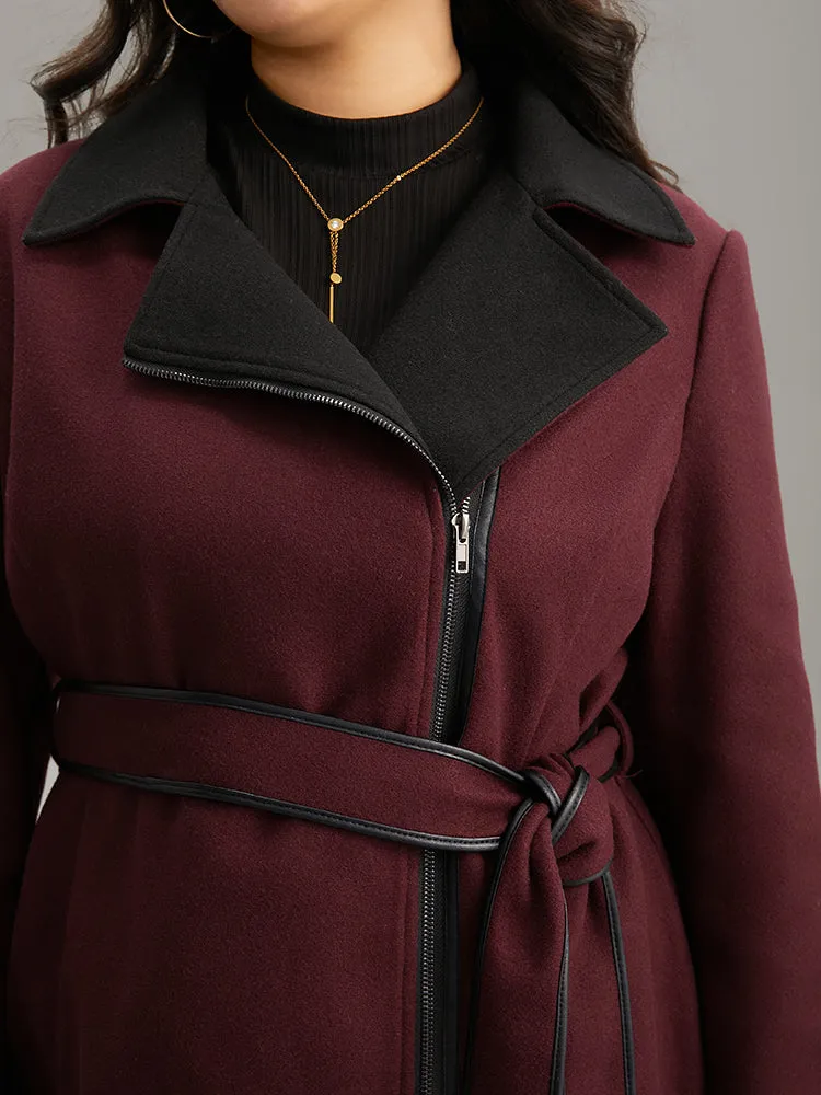 Lapel Collar Contrast Patchwork Zipper Belted Coat