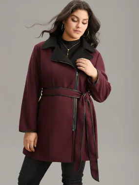 Lapel Collar Contrast Patchwork Zipper Belted Coat