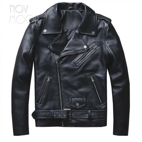 Men Off-center Zipper Black Genuine Leather Cowskin Motorcycle Biker Jackets