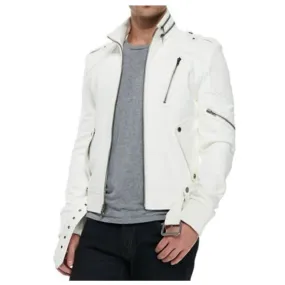 Men Racer Moto Biker White Leather Jacket