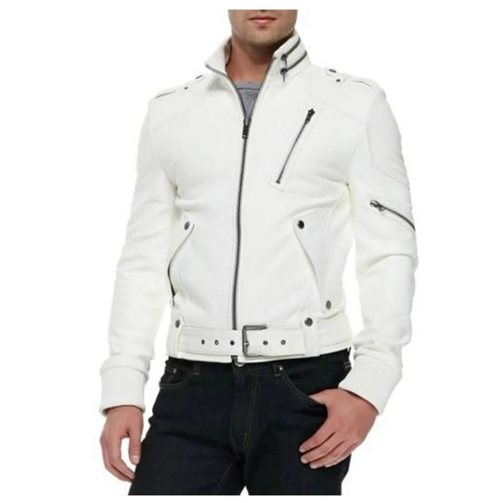 Men Racer Moto Biker White Leather Jacket