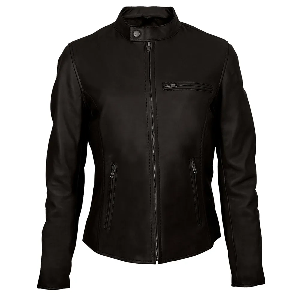 Moto Cafe Racer Womens Beige Leather Jacket