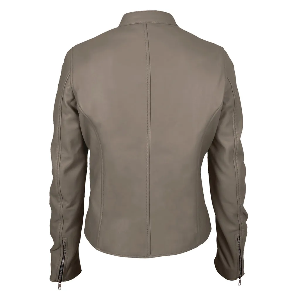 Moto Cafe Racer Womens Beige Leather Jacket