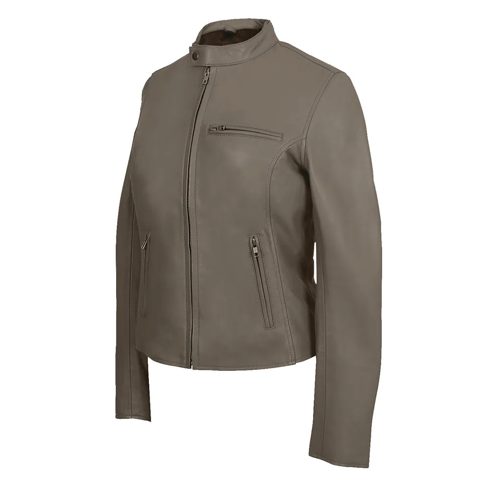 Moto Cafe Racer Womens Beige Leather Jacket