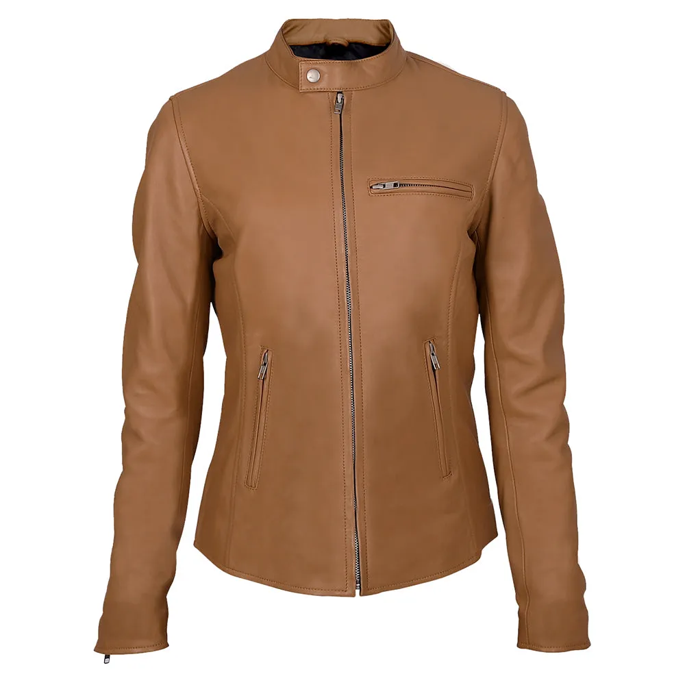 Moto Cafe Racer Womens Beige Leather Jacket