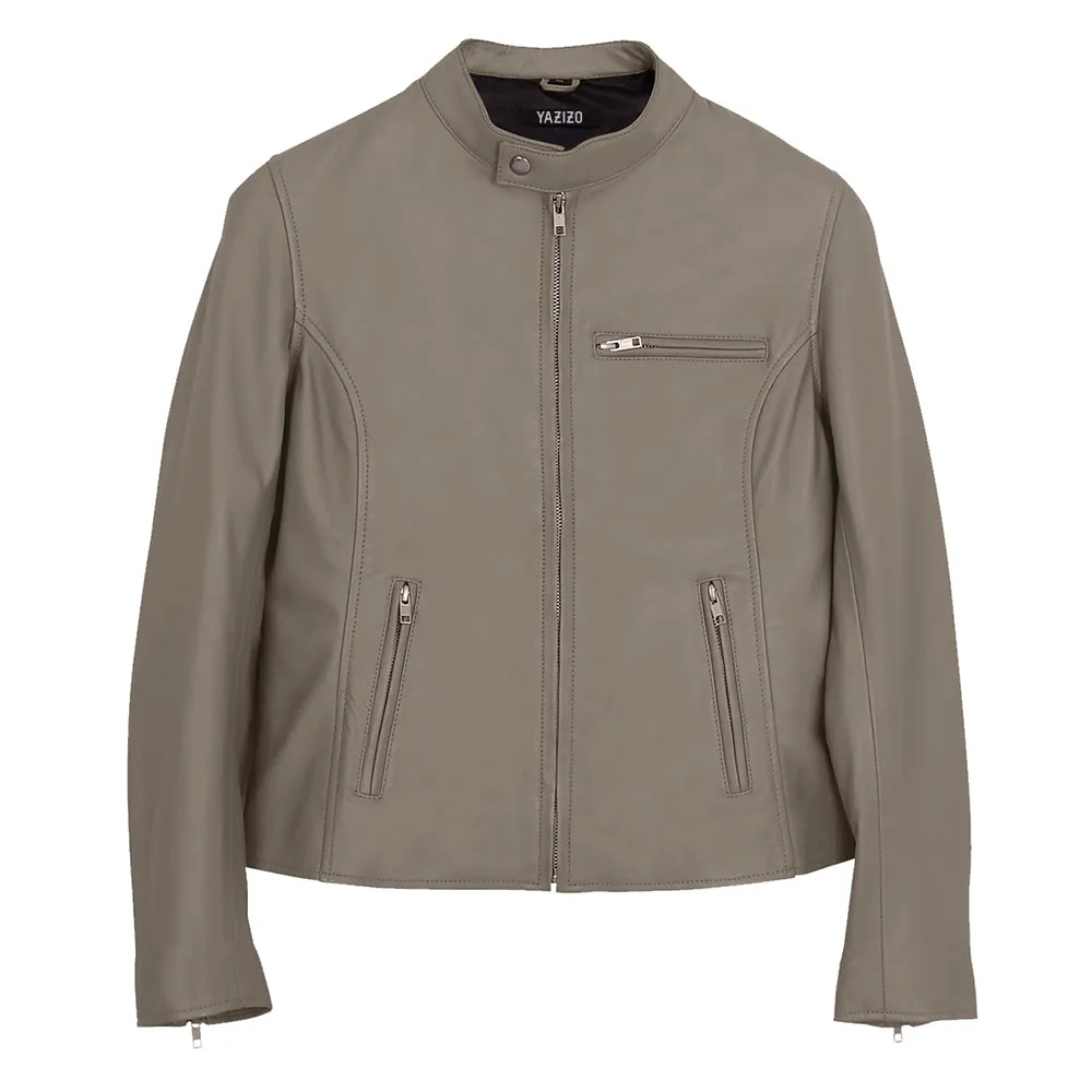 Moto Cafe Racer Womens Beige Leather Jacket