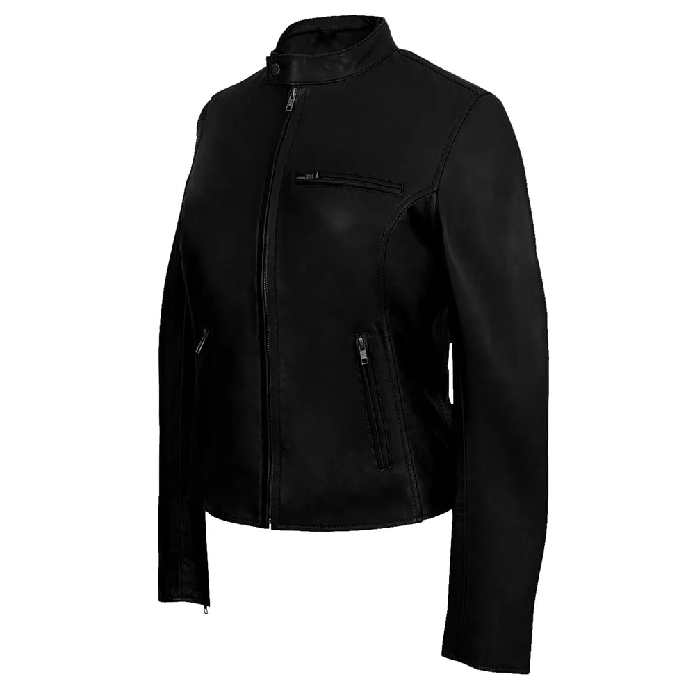 Moto Cafe Racer Womens Black Leather Jacket